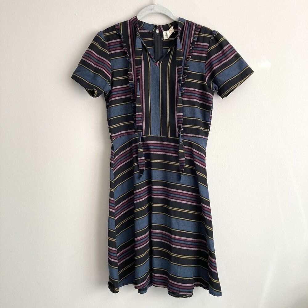 Mata Traders Womens Dress Blue Purple Striped V-Neck Dress Size Small Cotton